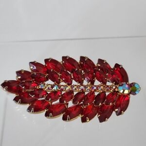Vintage 50's Red Rhinestones & Aurora Borealis Leaf Brooch